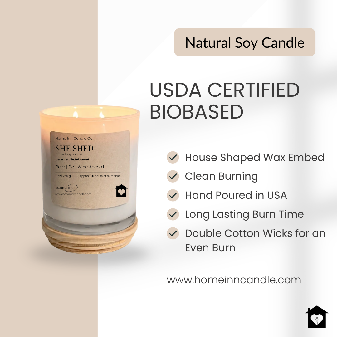 A natural soy candle in a white glass jar with a light wood base, shown on a split beige and white background with text reading 'Natural Soy Candle,' 'USDA CERTIFIED BIOBASED,' and feature bullet points. Brand name SHE SHED is visible on the label.