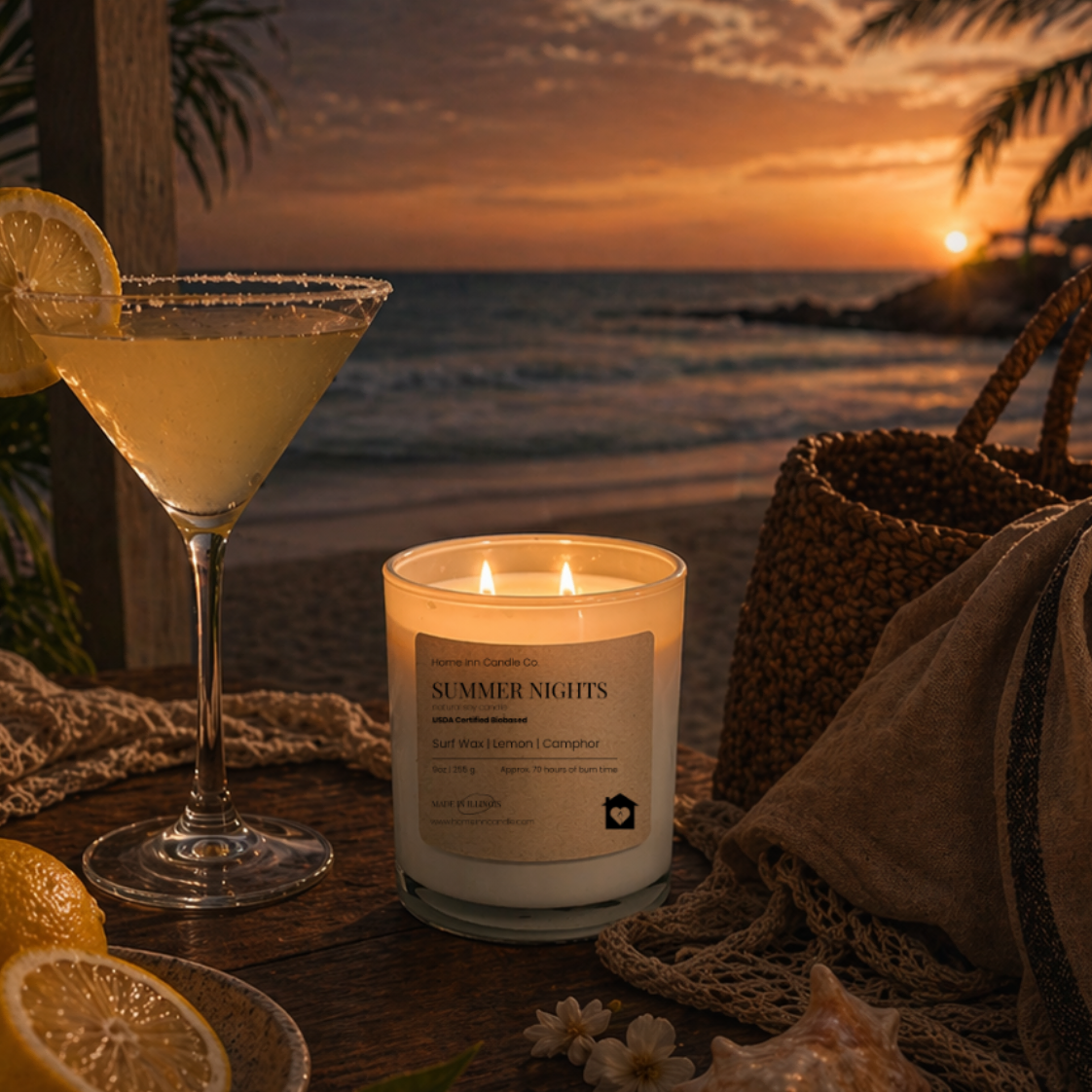 Cocktail glass with lemon slices, candle labeled 'Summer Nights', and beach sunset in the background. Home Inn Candle