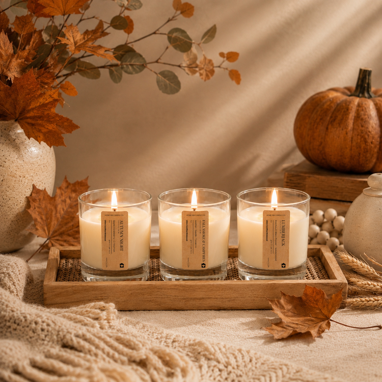 3 Fall Candles from Home Inn Candle featuring Autumn Night, Fall Smoke and Campfires and Lumberjack Candles