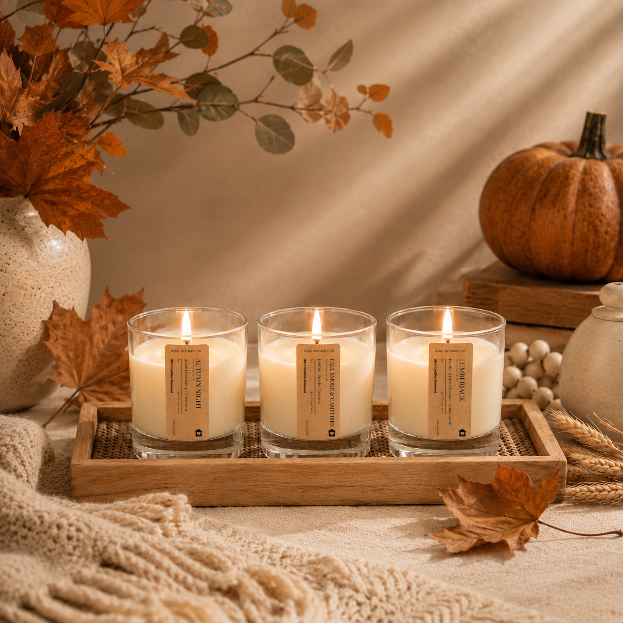 Three lit candles in clear glass jars with beige labels, arranged side by side on a warm beige background. The labels read 'Autumn Night', 'Lumberjack'  and 'Fall Smoke and Campfires' from the Fall Candle Discovery Set by Home Inn Candle with fall home decor and pumpkins