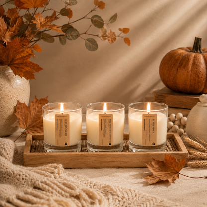 Three lit candles in clear glass jars with beige labels, arranged side by side on a warm beige background. The labels read 'Autumn Night', 'Lumberjack'  and 'Fall Smoke and Campfires' from the Fall Candle Discovery Set by Home Inn Candle with fall home decor and pumpkins