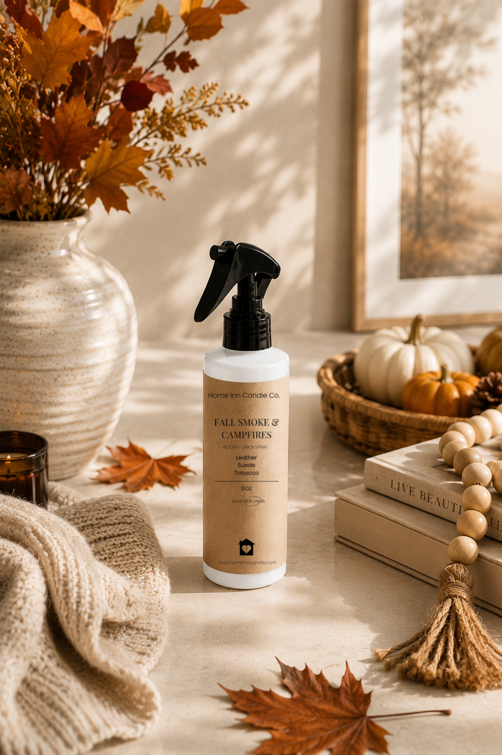 Fall Smoke and Campfires room spray from Home Inn Candle with fall home decor and pumpkins