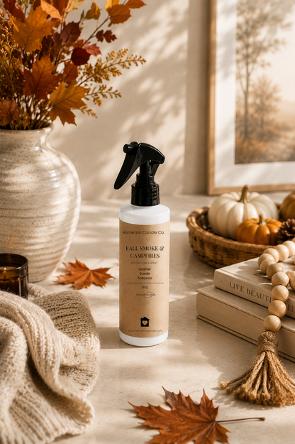 Fall Smoke and Campfires room spray from Home Inn Candle with fall home decor and pumpkins