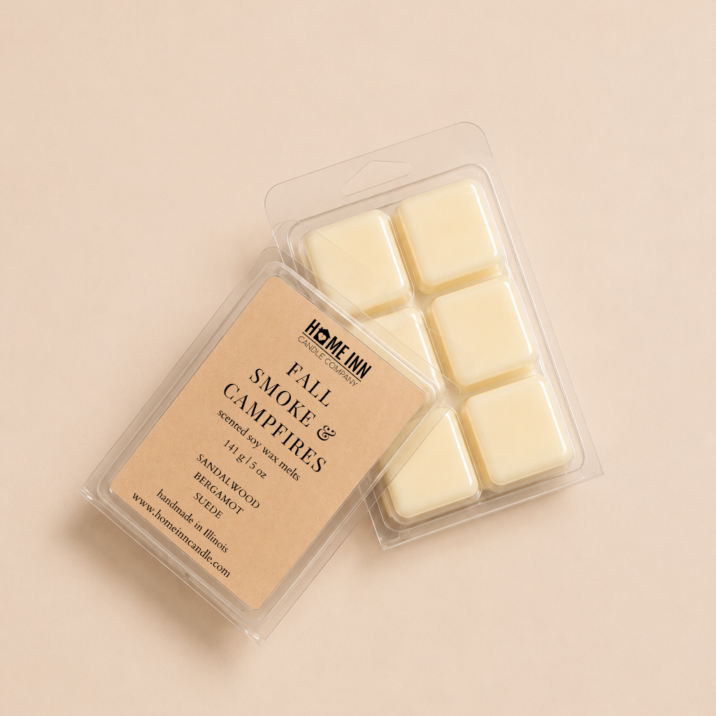 A wax melt package labeled 'HOME INN CANDLE FALL SMOKE AND CAMPFIRES ' on a warm beige background. The clear plastic clamshell contains six off-white wax cubes, with the beige paper label visible on top.