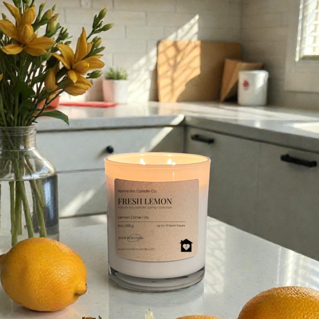 Fresh Lemon Candle from Home Inn Candle with Yellow Flowers and lemons on kitchen counter with home decor. 