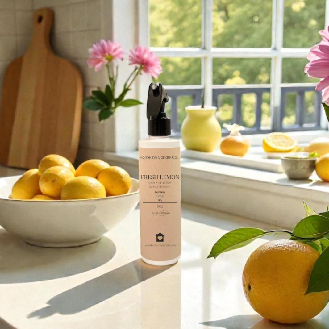 Kitchen counter with lemons, a Fresh Lemon Room Spray from Home Inn Candle, and flowers near a window.
