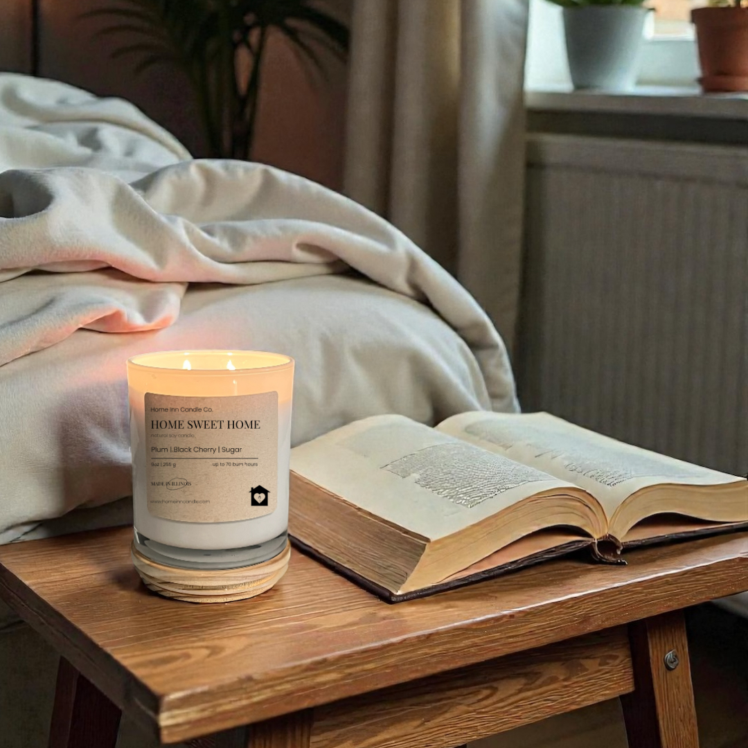 Candle and open book on a wooden table with a cozy room setting