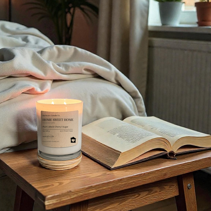 Candle and open book on a wooden table with a cozy room setting