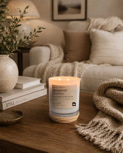 A lit scented candle in a white glass jar with a cream label reading 'HOMEBODY' from Home Inn Candle sits on a wooden table in a cozy living room setting with a sofa, throw blanket, and books in the background.