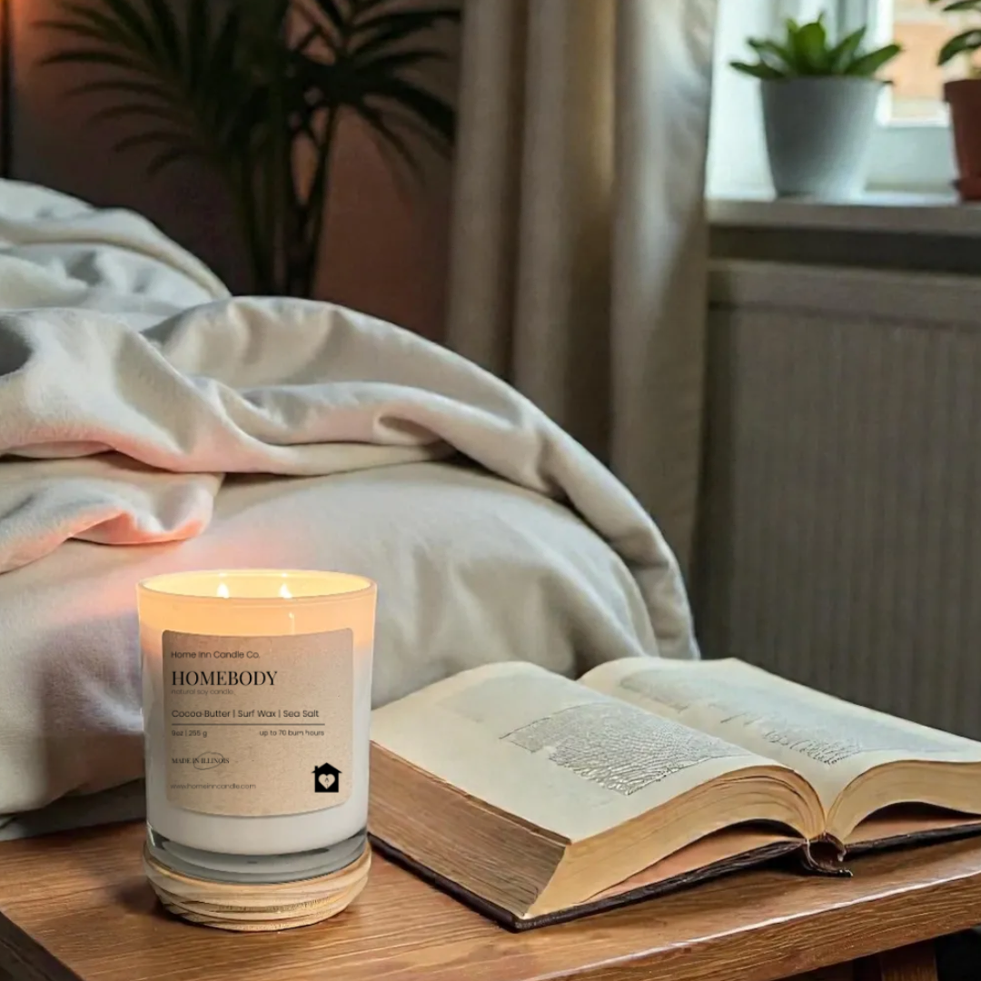 Candle and open book on a wooden table near a window with plants in the background