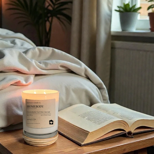 Candle and open book on a wooden table near a window with plants in the background