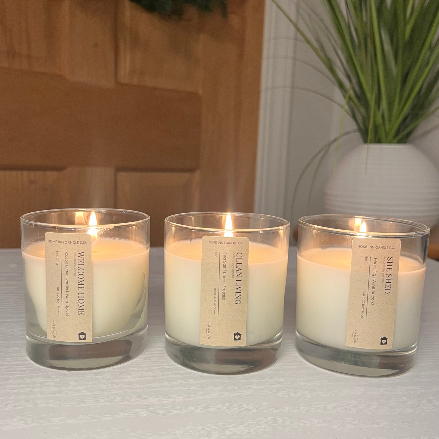 Three lit candles in glass holders on a surface with a plant and wooden object in the background.