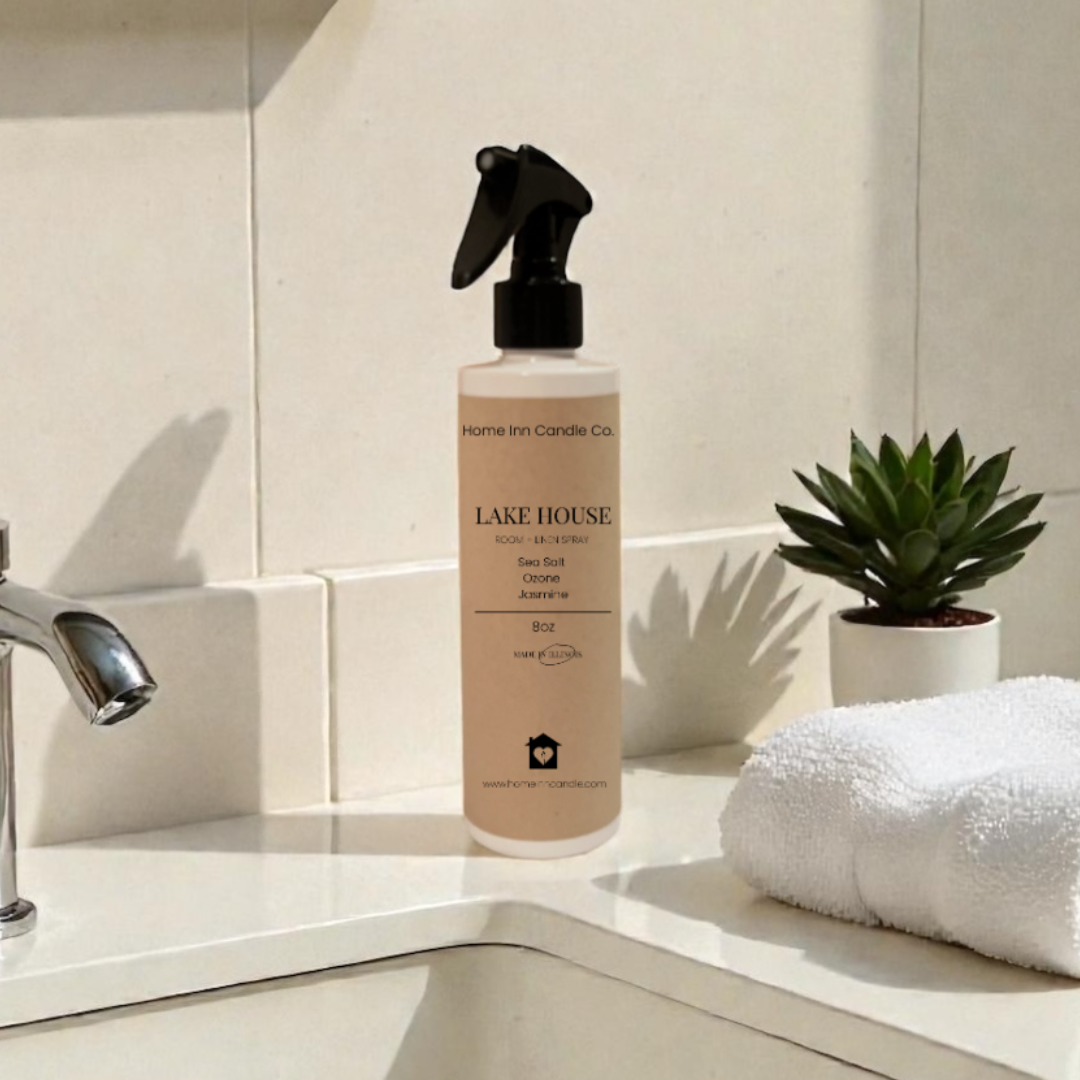 Room Spray bottle labeled Lake House by Home Inn Candle on a bathroom counter with sink and towel in the background