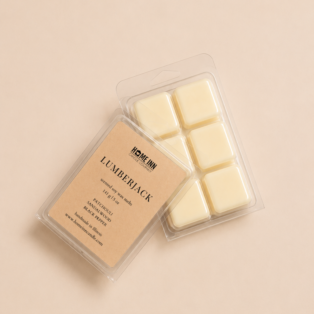 Two wax melts in clear clamshell packaging on a warm beige background. One package has a tan label reading 'LUMBERBLACK' and the other shows pale cream wax cubes inside. from brand Home Inn Candle