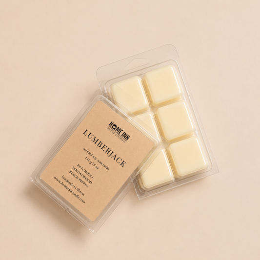 Two wax melts in clear clamshell packaging on a warm beige background. One package has a tan label reading 'LUMBERBLACK' and the other shows pale cream wax cubes inside. from brand Home Inn Candle