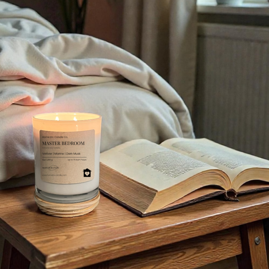 Candle and open book on a wooden table with a cozy room setting.