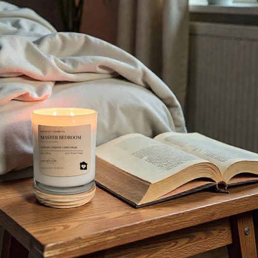 Candle and open book on a wooden table with a cozy room setting.