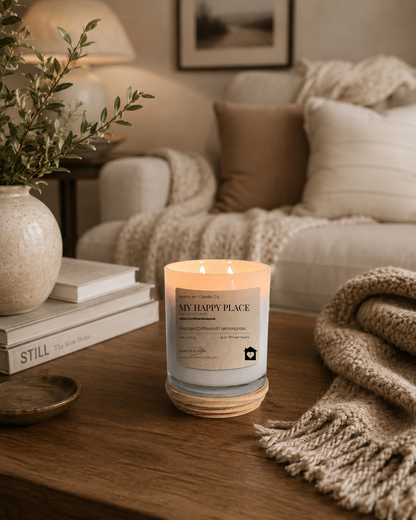 A lit scented candle in a white glass jar with a cream label reading 'My Happy Place' from Home Inn Candle sits on a wooden table in a cozy living room setting with a sofa, throw blanket, and books in the background.