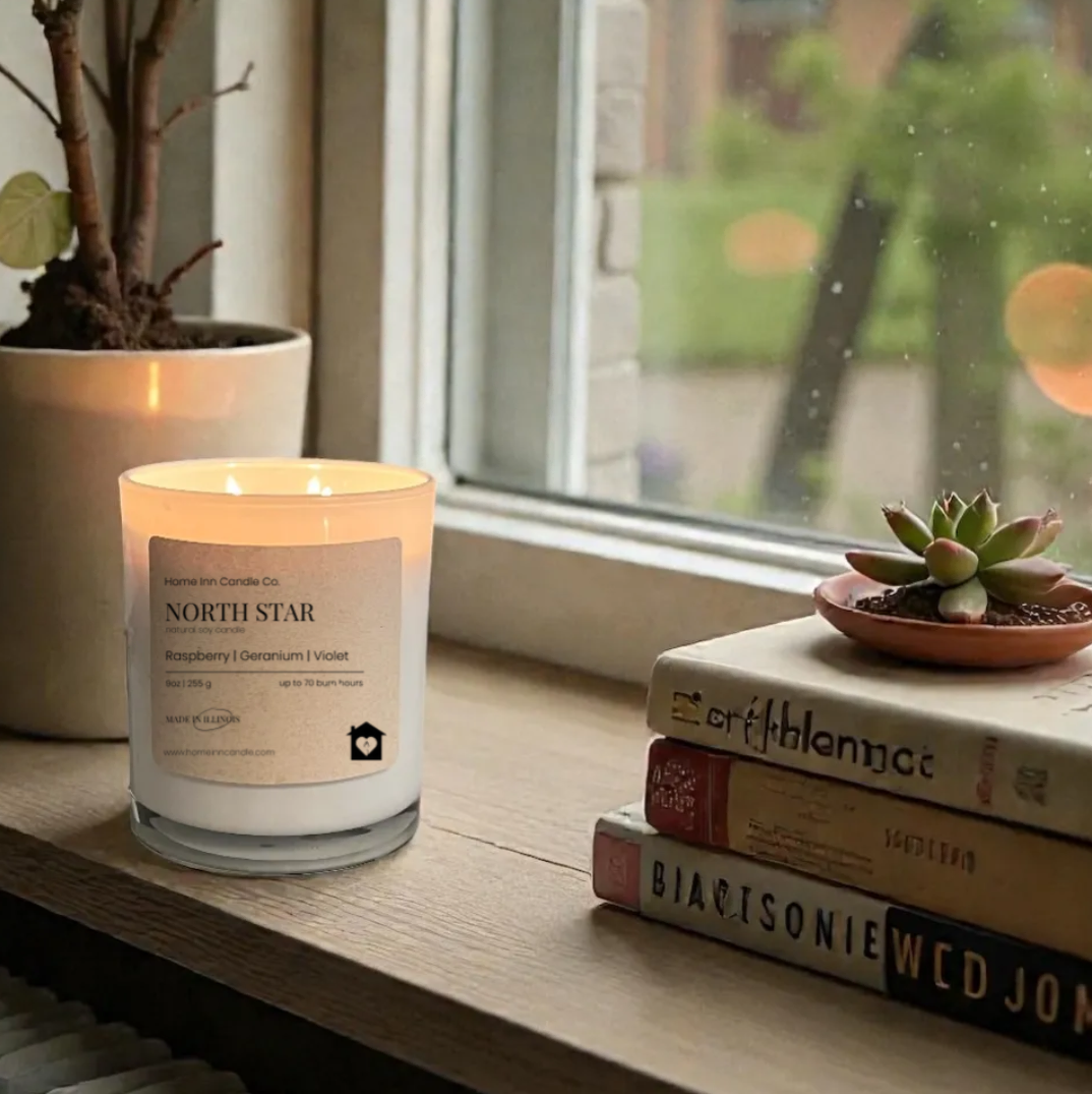 Candle on a windowsill with books and a plant