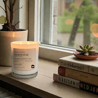 Candle on a windowsill with books and a plant