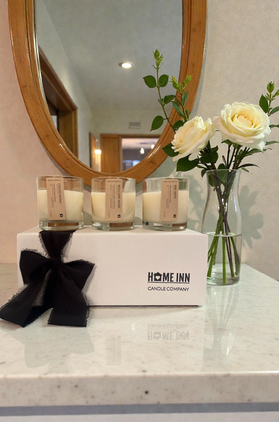 Curated candle discovery set from Home Inn Candle Co with three home inspired soy candle scents