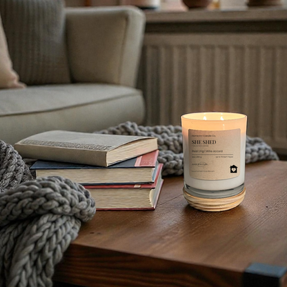 Candle on a wooden table in a cozy living room with books and a blanket.
