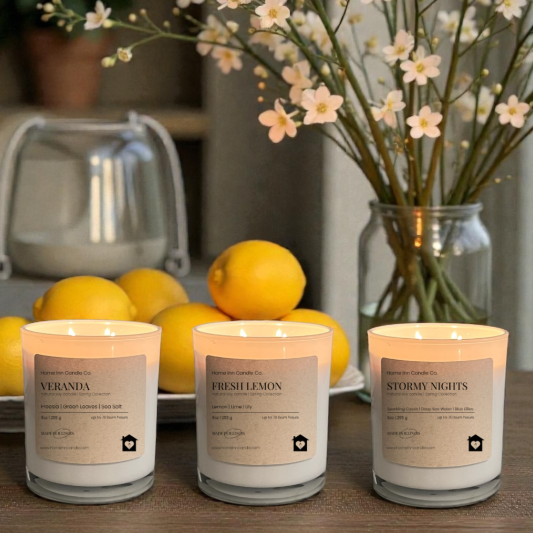 Spring Candle Trio from Home Inn Candle with flowers and lemon on table