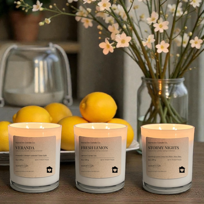 Spring Candle Trio from Home Inn Candle with flowers and lemon on table