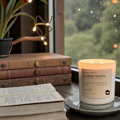Stormy Nights Candle from Home Inn Candle with rain in window and books on window seal