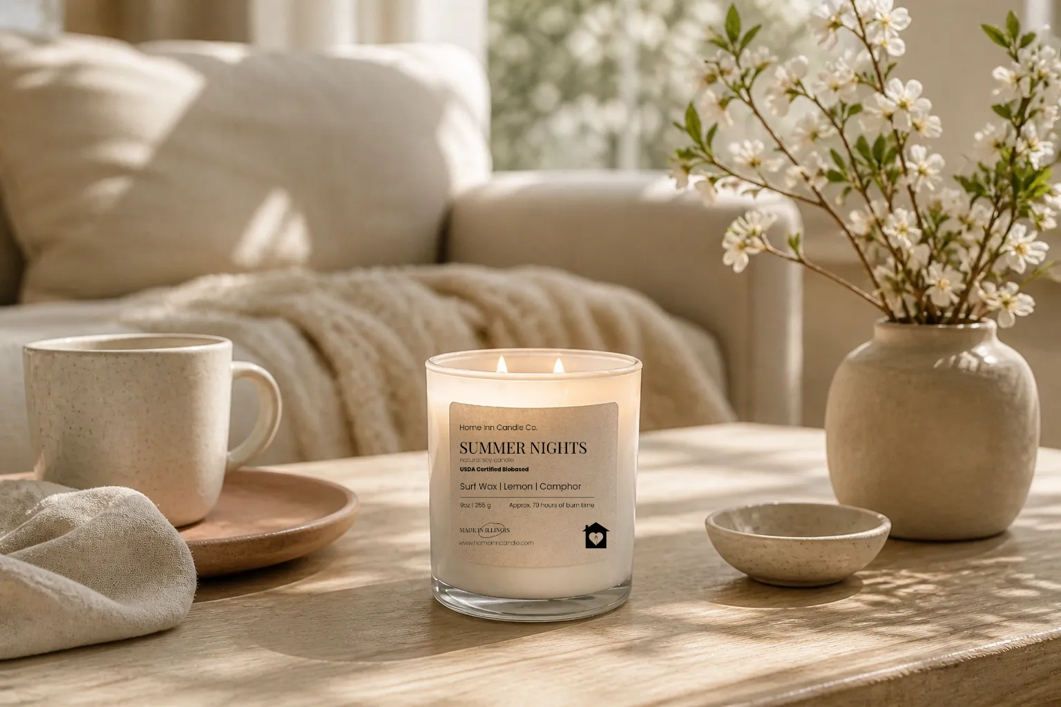 Candle labeled 'Summer Nights' on a table with a mug, vase, and flowers in a cozy living room setting.Home Inn Candle