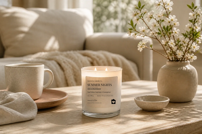 Candle labeled 'Summer Nights' on a table with a mug, vase, and flowers in a cozy living room setting.Home Inn Candle