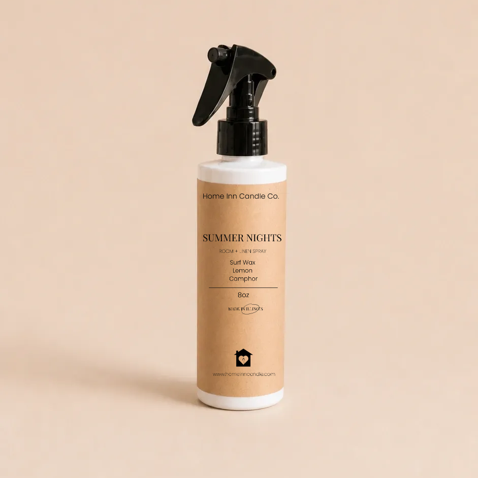 A bottle of Summer Nights Room spray from Home Inn Candle with a black trigger sprayer and a beige label, set against a solid beige background.