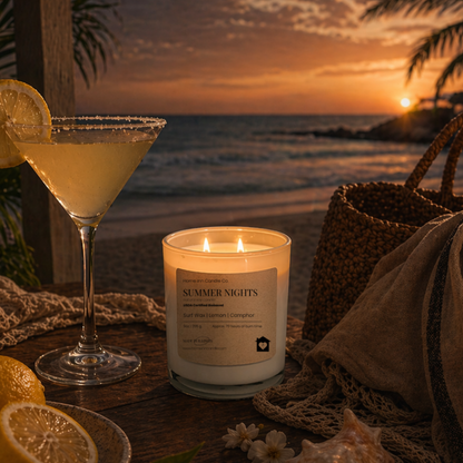 Cocktail glass with lemon slices, candle labeled 'Summer Nights', and beach sunset in the background. Home Inn Candle