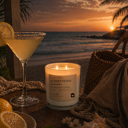 Cocktail glass with lemon slices, candle labeled 'Summer Nights', and beach sunset in the background. Home Inn Candle