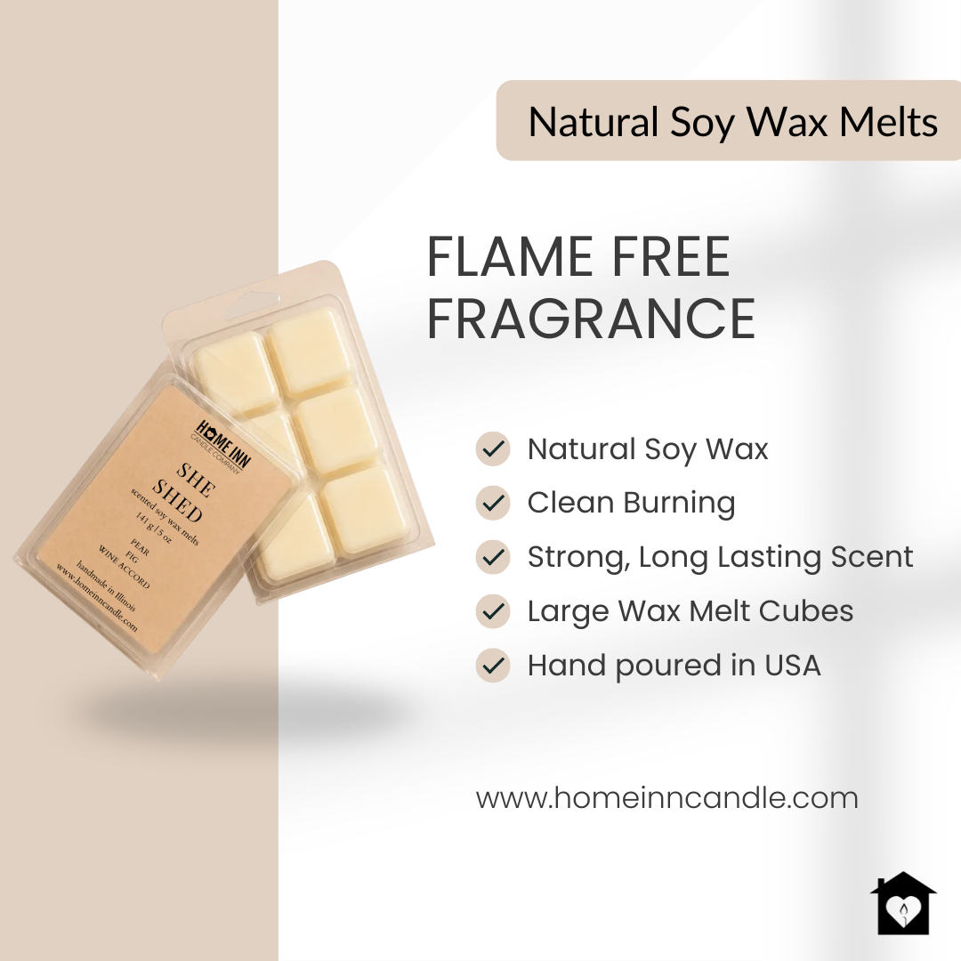 A pack of six natural soy wax melts in a clear plastic clamshell container, displayed on a split beige and white background with product highlights text and a checklist of benefits.