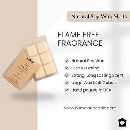 A pack of six natural soy wax melts in a clear plastic clamshell container, displayed on a split beige and white background with product highlights text and a checklist of benefits.