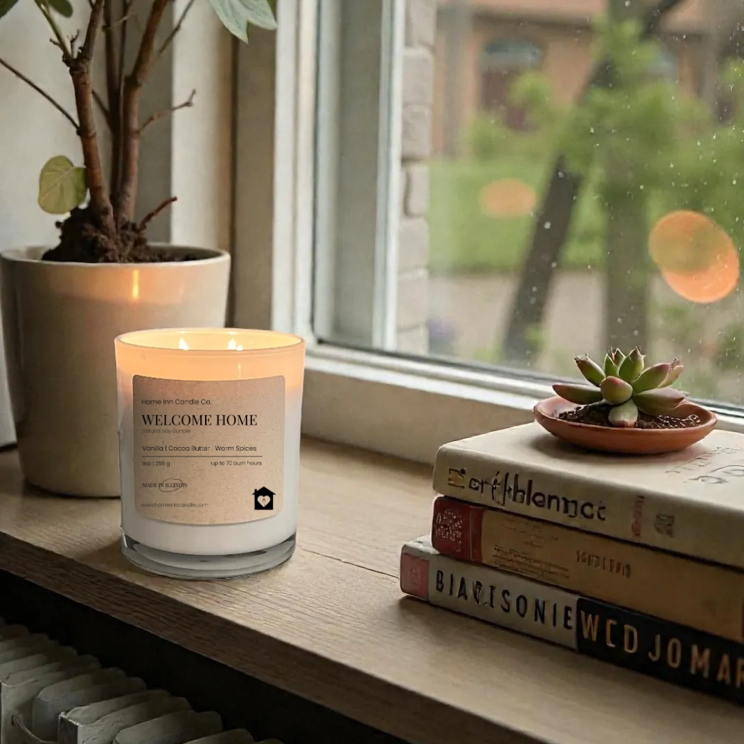 Candle labeled 'Welcome Home' on a windowsill with books and a plant