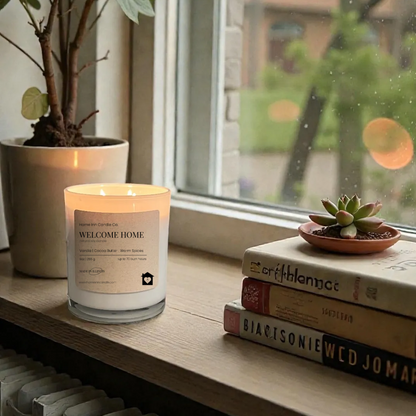 Candle labeled 'Welcome Home' on a windowsill with books and a plant