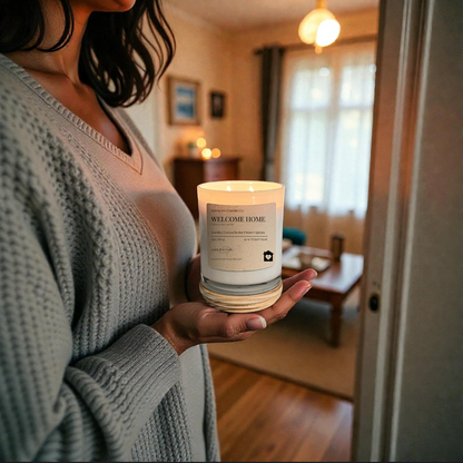 Person holding a 'Welcome Home' candle in a cozy living room.