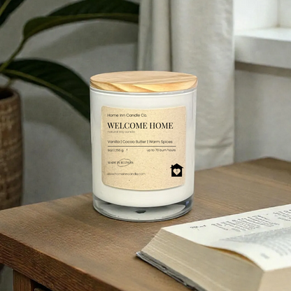 Candle labeled 'Welcome Home' on a wooden surface with an open book and plant in the background