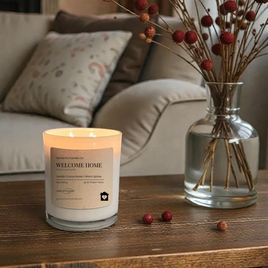 Candle labeled 'Welcome Home' on a table with decorative elements in a cozy living room.