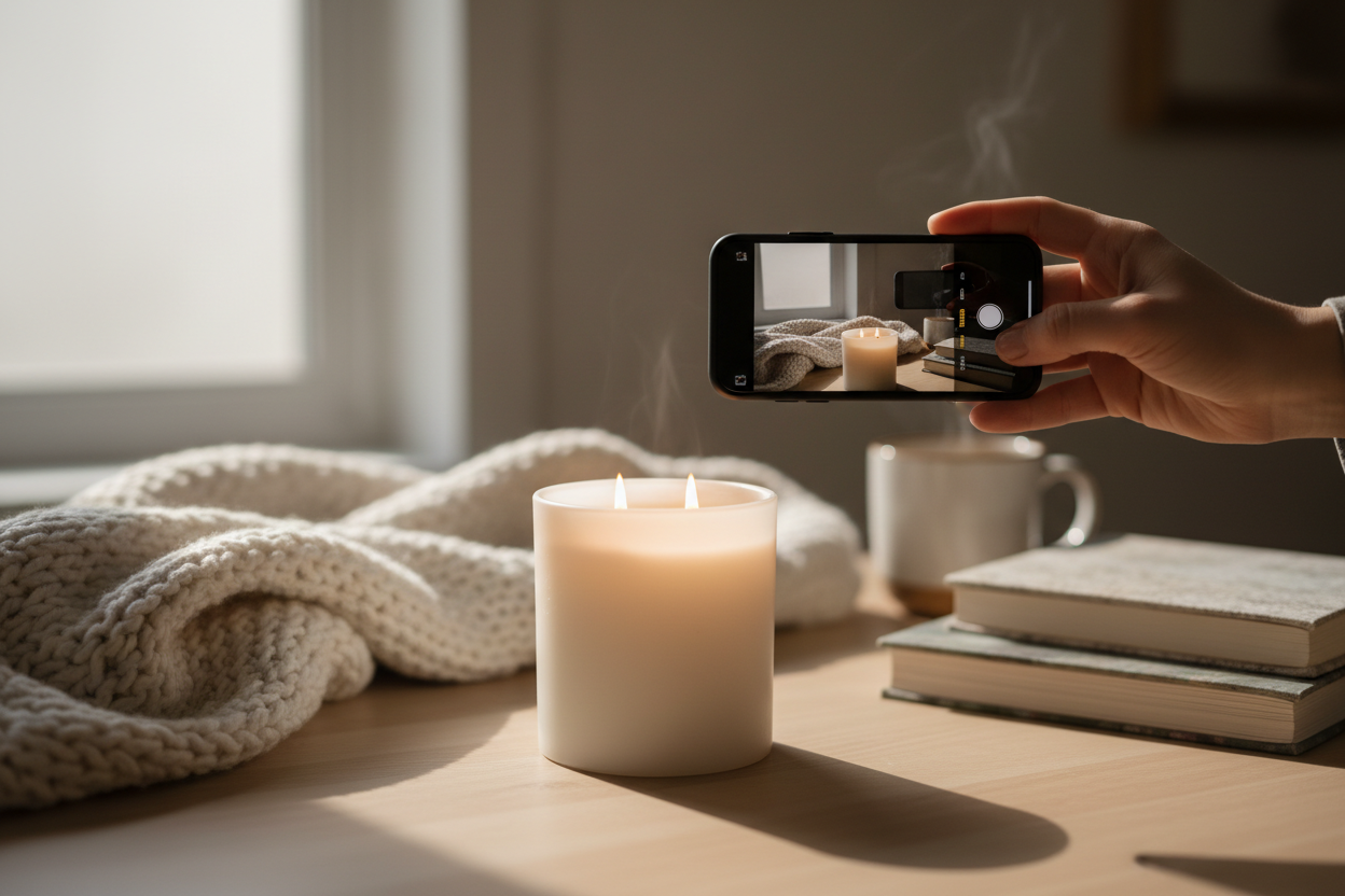 a photo of a person taking a photo of a white double wick candle in a cozy home space