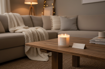 a softly lit, cozy home interior with a single luxury white double wicked candle burning on a wooden coffee table. The candle has a minimal modern label with no readable text. Warm ambient lighting, neutral tones, and a calm evening atmosphere. A folded neutral card or small insert sits beside the candle, slightly out of focus. The background shows a comfortable sofa, soft throw blanket, and natural textures. The overall mood is intimate, peaceful, and inviting. Clean, lifestyle product photography style
