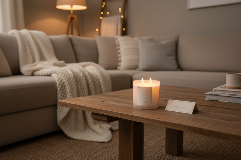 a softly lit, cozy home interior with a single luxury white double wicked candle burning on a wooden coffee table. The candle has a minimal modern label with no readable text. Warm ambient lighting, neutral tones, and a calm evening atmosphere. A folded neutral card or small insert sits beside the candle, slightly out of focus. The background shows a comfortable sofa, soft throw blanket, and natural textures. The overall mood is intimate, peaceful, and inviting. Clean, lifestyle product photography style