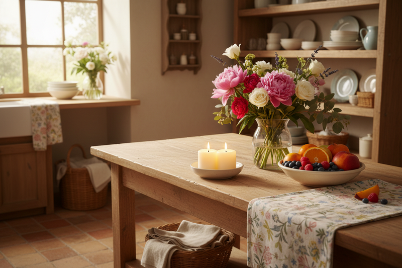 a warm and cozy kitchen that depicts fruity sweet and floral home fragrance that incorporates a white double wicked candle