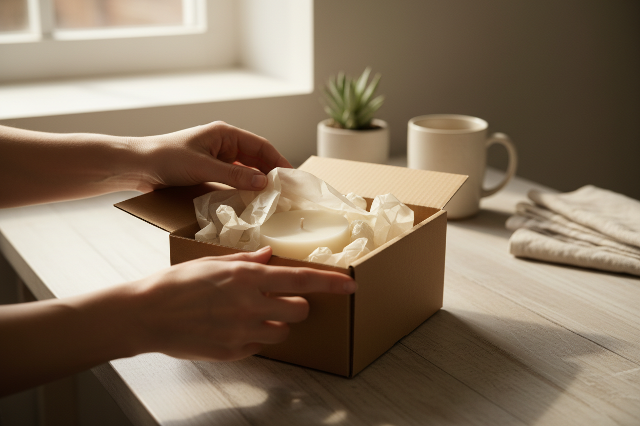 A warm, lifestyle scene showing hands opening a simple, unbranded kraft shipping box on a kitchen table. Inside the box is a carefully packed candle wrapped in soft tissue paper, partially revealed. No logos or printed text on the box. Natural daylight coming through a nearby window. The setting feels calm and domestic, with neutral colors, a ceramic mug, and subtle home décor in the background. The focus is on the moment of discovery and care, not the packaging. Clean, editorial product photography style.