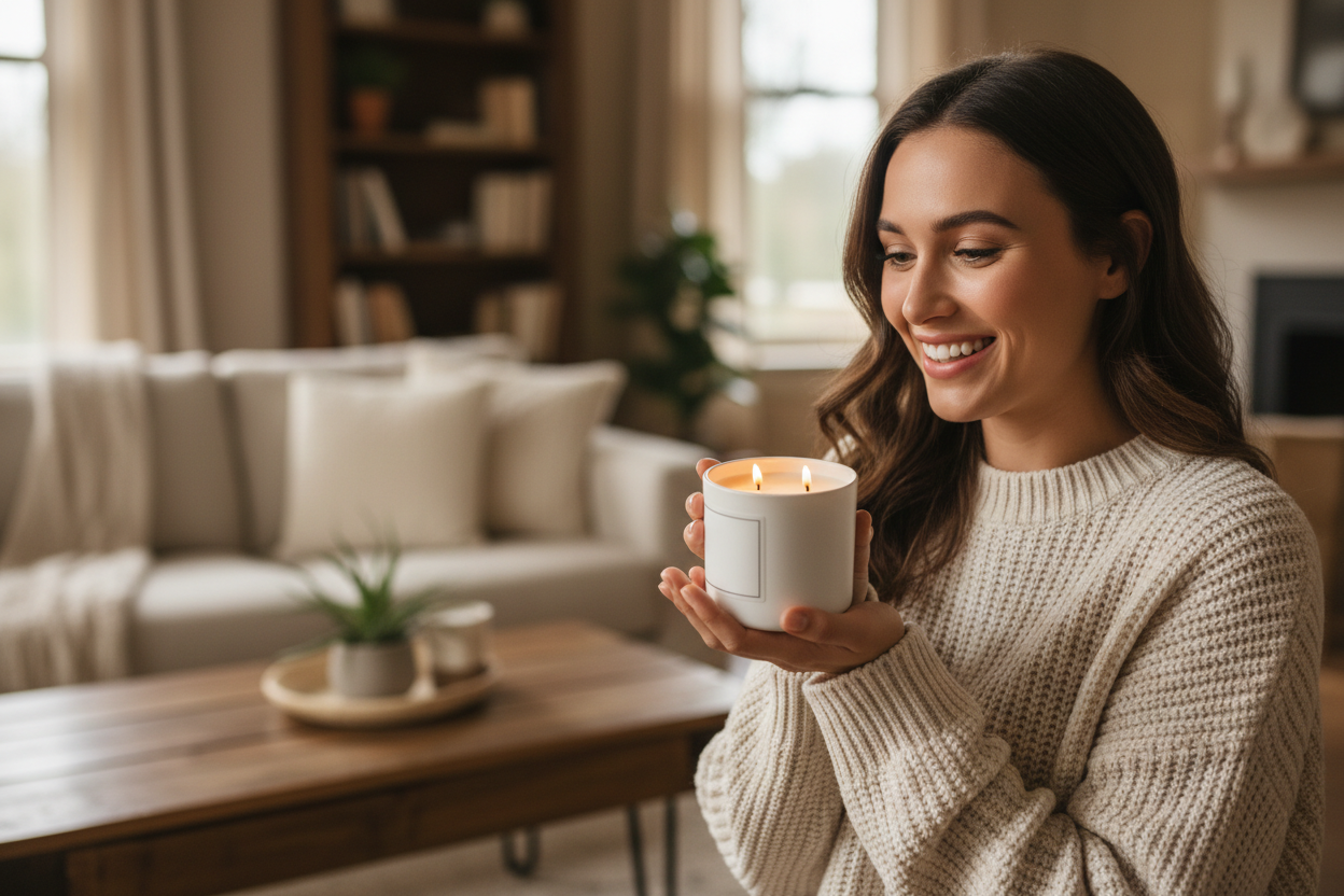 a warm photo of a woman in her home happy because she won a free candle from home inn candle company. she should be holding a double wick candle in a white candle jar but do not put a label on the candle