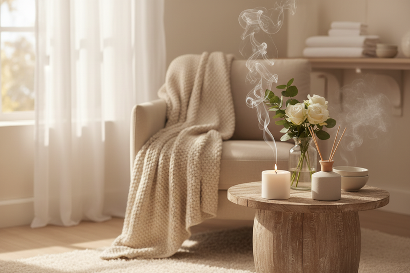 a warm photo that dipicts the mood and feeling of fresh, clean and cozy home fragrances 