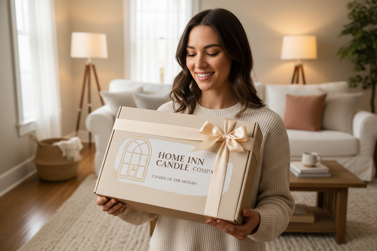 a woman holding a candle box that says Home Inn Candle Company Candle of the Month in a cozy living space