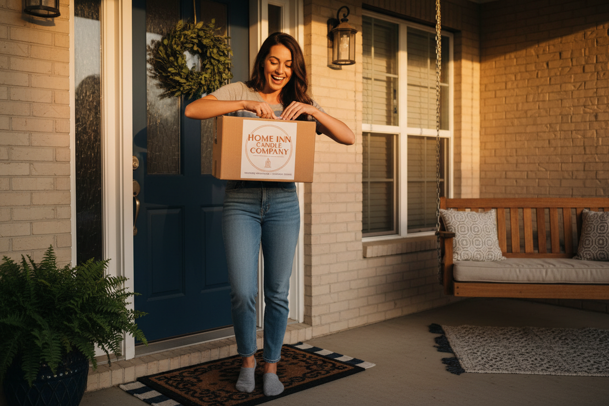 can you create an image of a woman excited about getting her home inn candle monthly subscription box delivered to her home front door